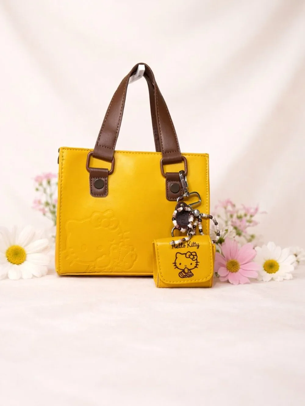 Mustard Yellow Handbag with Mini Coin Purse & Beaded Bow Charm